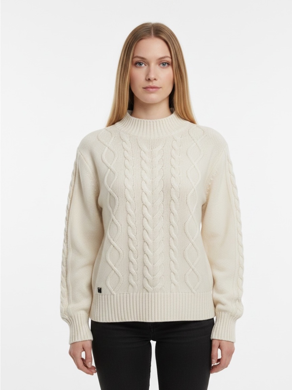 Helly Hansen Siren Cream Fisherman Cable Knit Mockneck Sweater XS